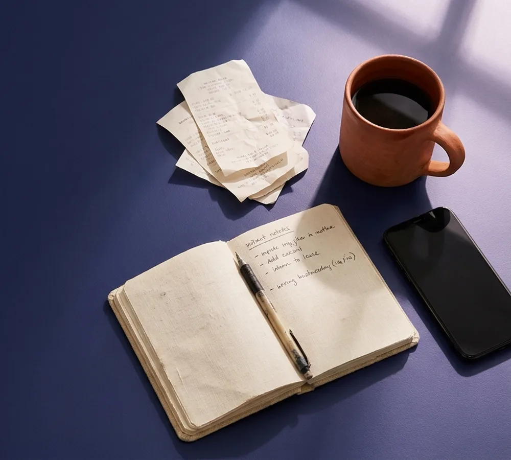 A terracotta cup, paper receipts and an open notebook with a handwritten list, lying on a deep indigo surface.